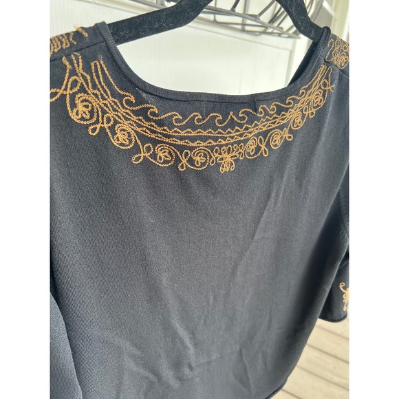 Francesca Rose V-Neck 3/4 Sleeve Blouse, Black w/ Gold Flower Embroidery, L / XL - Picture 8 of 10